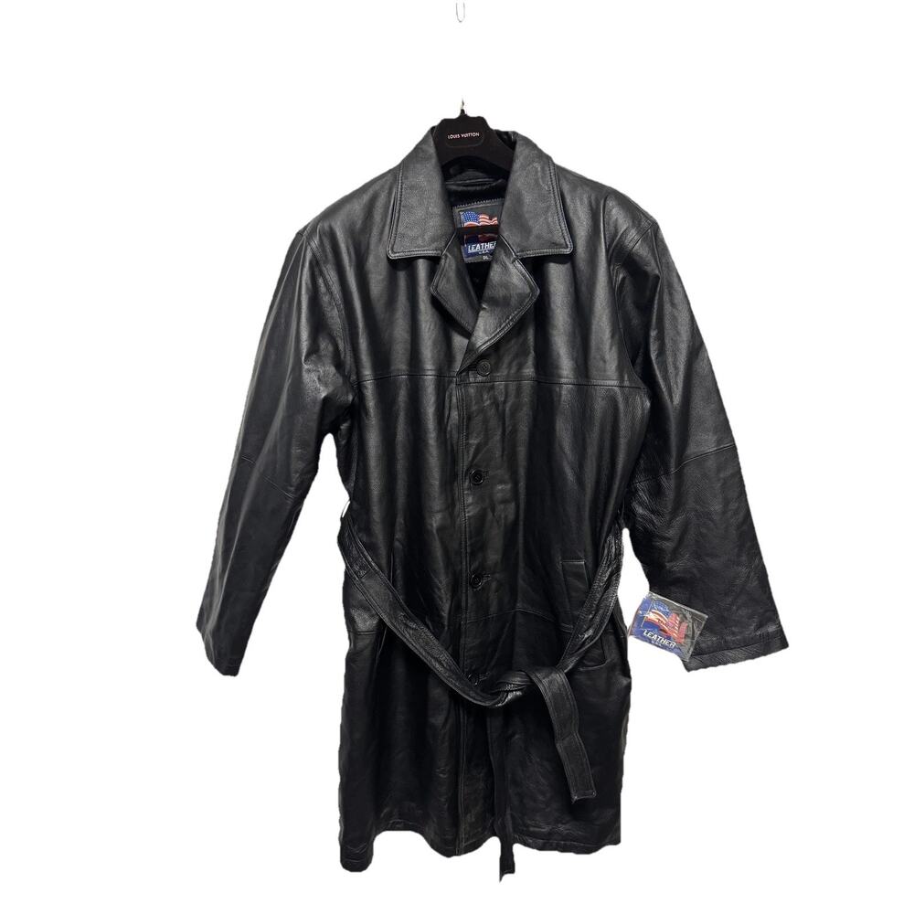 Leather U.S.A. Coat Mens 3XL Black Genuine Leather Belted Trench Overcoat 1715